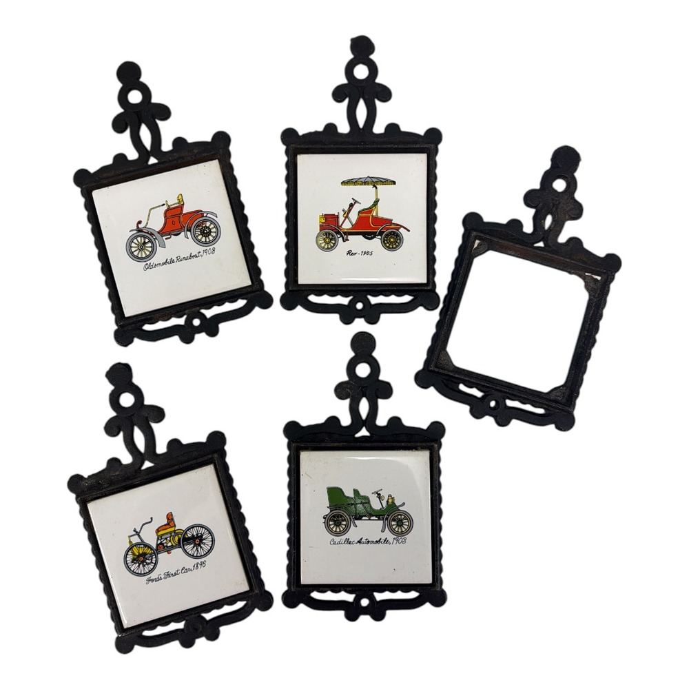 Cast Iron Vintage Car Trivet Tile Wall Hanging Set of 4 + 1 Holder EUC